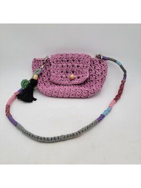 Handcrafted Shooci Crocheted Pink Shoulder Bag w/Yarn Wrap Strap & Tassel Accent